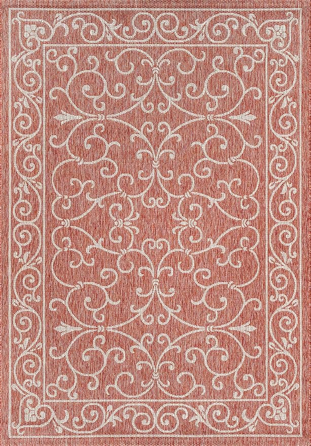 JONATHAN Y Vintage Filigree Indoor Outdoor Area Rug 6X9 Red/Beige, Charleston Textured Weave for Backyard, Patio, Porch, Easy-Cleaning, High Traffic, Pet-Friendly, Non-Shedding (SMB106B-6)-Ruum Studio Home