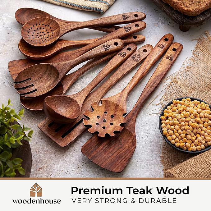 Wooden Spoons for Cooking, 10 Pcs Wooden Cooking Utensils Set – Wooden Utensil Set for Nonstick Pans & Cookware – Teak Wood - Sturdy, Lightweight & Heat Resistant-Ruum Studio Home