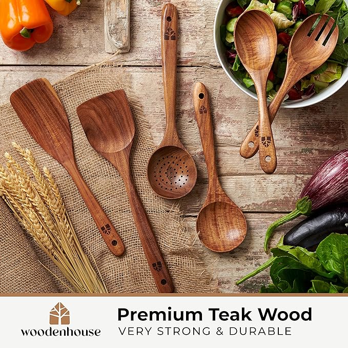 Wooden Spoons for Cooking – Wooden Kitchen Utensils Set, 6 Pcs Teak Wood Utensil Set – Comfortable Grip Non–Stick Wooden Cooking Utensils-Ruum Studio Home