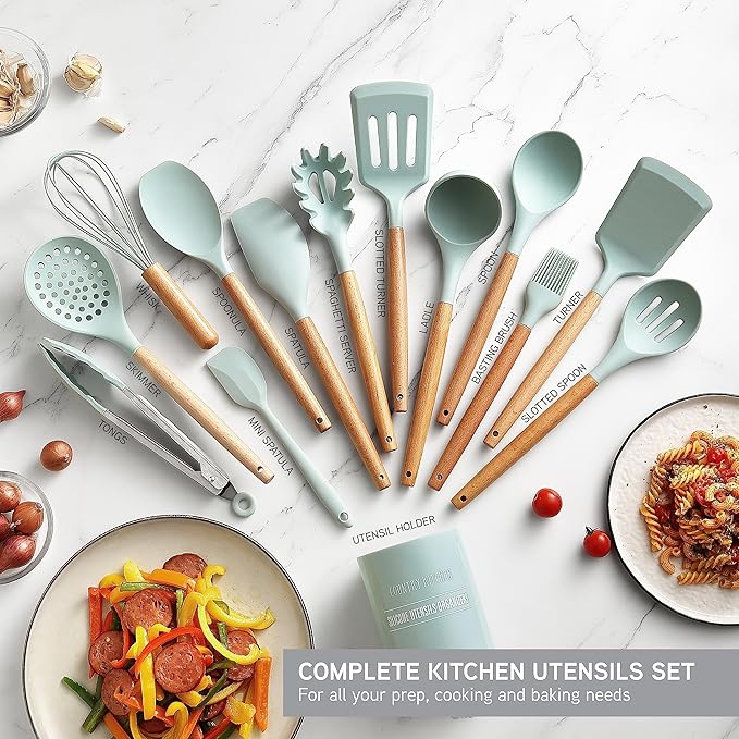 Country Kitchen Non Stick Silicone Utensil Set with Rounded Wood Handles for Cooking and Baking, 14 Piece Set, Mint-Ruum Studio Home