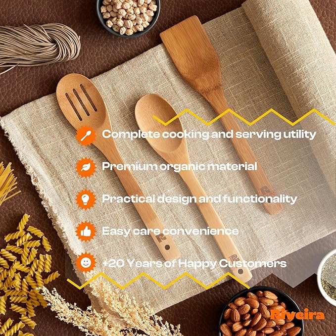 Riveira Dark Bamboo Wooden Spoons for Cooking 3-Piece, Apartment Essentials Wood Spatula Spoon Nonstick Kitchen Utensil Set Premium Quality Housewarming Gifts for Everyday Use-Ruum Studio Home