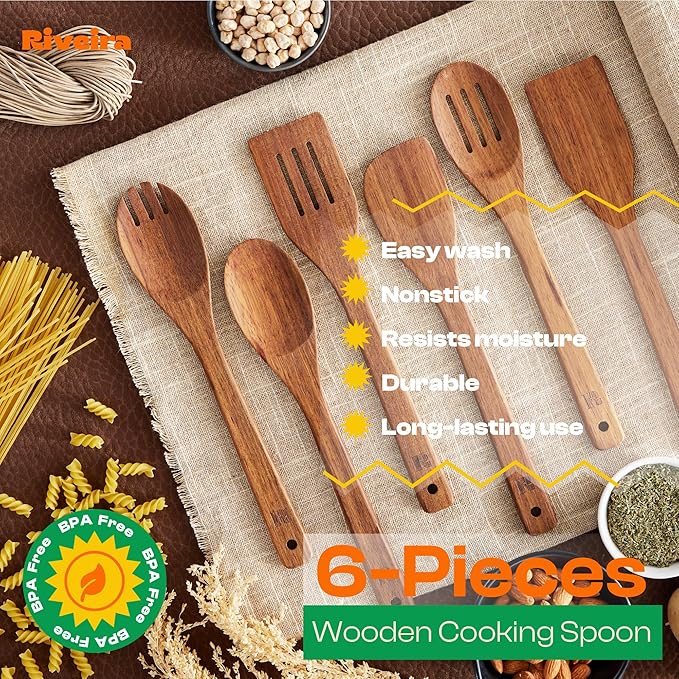 Riveira Teak Wooden Spoons for Cooking Set of 6 – Natural Teak Wooden Cooking Utensils, Wooden Spatula, Wooden Spoon - Premium Quality Wooden Utensil Set for Non-Toxic Cooking-Ruum Studio Home