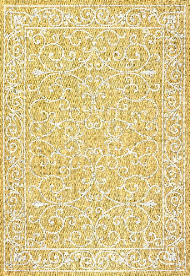 JONATHAN Y Vintage Filigree Indoor Outdoor Area Rug 9X12 Yellow/Cream, Charleston Textured Weave for Backyard, Patio, Porch, Easy-Cleaning, High Traffic, Pet-Friendly, Non-Shedding (SMB106L-9)-Ruum Studio Home