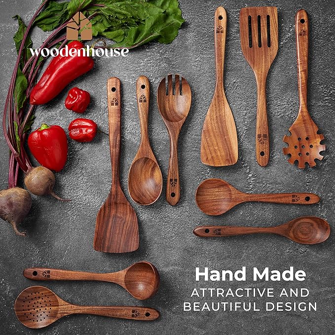 Wooden Spoons for Cooking, 10 Pcs Wooden Cooking Utensils Set – Wooden Utensil Set for Nonstick Pans & Cookware – Teak Wood - Sturdy, Lightweight & Heat Resistant-Ruum Studio Home