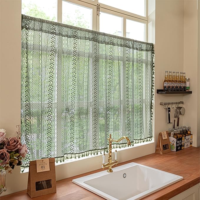 Sutuo Home Boho Valance Curtains for Kitchen Cafe,Crochet Lace Sheer Bohemian Hollow Knitted with Tassels, Privacy Vintage Rustic Farmhouse Drapes, Rod Pocket 1 Panel 59" W x 18" L, Olive Green