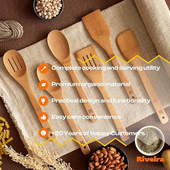Riveira Dark Bamboo Wooden Spoons for Cooking 6-Piece, Apartment Essentials Wood Spatula Spoon Nonstick Kitchen Utensil Set Premium Quality Housewarming Gifts for Everyday Use-Ruum Studio Home