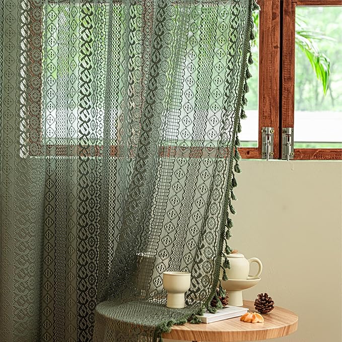 Sutuo Home Olive Green Boho Curtains 63 inches Long for Kitchen Bedroom, Crochet Lace Sheer Bohemian Hollow Knitted Tassels, Privacy Vintage French Retro Farmhouse, Rod Pocket 1 Panel 59" W x 63" L
