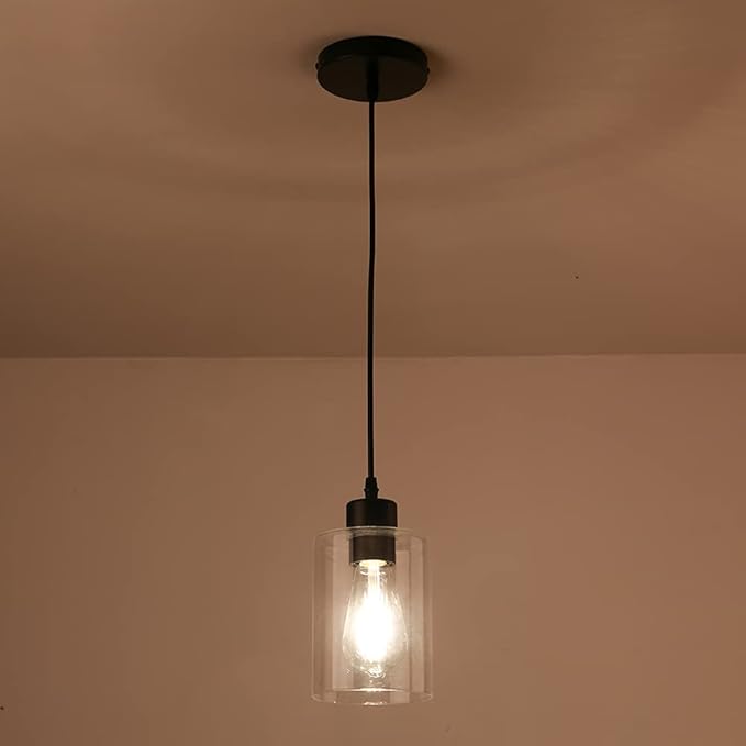 Modern Black Farmhouse Clear Glass Cylinder Pendant Light Fixture,Island Lights for Kitchen,Mini Pendant Lighting for Kitchen Island Decor - 4.75 Inch Shade, 2-58 Inch Cord(1 Pack)-Ruum Studio Home