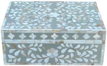 Decorative Wooden Storage Box with Mother of Pearl Inlay – Elegant Floral Design – Perfect for Home Décor in Living Room, Dining Area, or Bedroom (Grey, 12x8x5 inches)-Ruum Studio Home