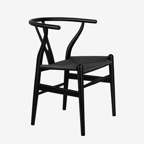 Wishbone Chair, Solid Wood Armrest Woven Seat Chair, Kitchen & Dining Chair, Wishbone Y Black Chairs - Set of 1 (Ash Wood - Black)-Ruum Studio Home