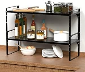 Expandable Cabinet Shelf Organizer, Stackable Kitchen Pantry Counter Storage, Adjustable Closet Cupboard Stand Rack Risers Spice Organization 80LBS Heavy Duty Black Small 1 Pack-Ruum Studio Home