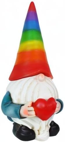 Exhart Garden Gnome, Solar Garden Gnome Statue with Heart, LED Rainbow Hat, Cute Outdoor Garden Decoration, 6 x 12.5 Inch, Multicolor, Resin-Ruum Studio Home