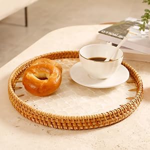Round Rattan Tray with Mother of Pearl Inlay & Wooden Base - Decorative Wicker Serving Tray for Coffee/Bread/Fruits, Food Storage & Display - Multipurpose Home Decor (M,Fish Scales)-Ruum Studio Home