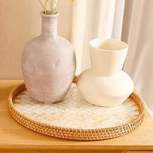 Round Rattan Tray with Mother of Pearl Inlay & Wooden Base - Decorative Wicker Serving Tray for Coffee/Bread/Fruits, Food Storage & Display - Multipurpose Home Decor (M,Fish Scales)-Ruum Studio Home