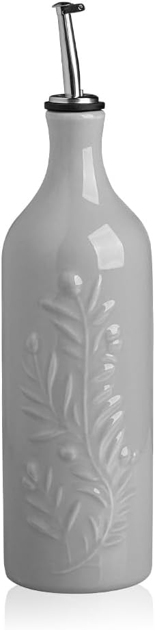 Sweejar Large Olive Oil Dispenser Bottle with Spout, 24 Oz Ceramic Oil Dispenser for Kitchen, Relief Opaque Oil Cruet, Oil Container for Cooking, EVOO, Avocado Oil, Vinegar, Pack of 1(Gray)-Ruum Studio Home