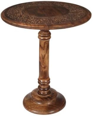 Lightnpro Hand Carved Solid Mango Wood Round Pillar Accent Table - 18" × 22" Rustic Farmhouse Side End Table | VintageRustic Boho Nightstand for Living Room, Bedroom & Entryway-Ruum Studio Home