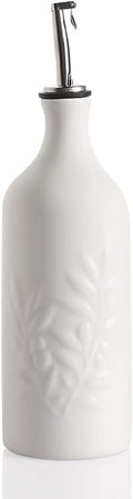Sweejar Ceramic Olive Oil Dispenser Bottle, 20 Oz Relief Opaque Oil Cruet Protects Oil To Reduce Oxidation, Suitable for Storage Oil, Vinegar, Soy Sauce, Coffee Syrup, Liquids, Pack of 1 (White)-Ruum Studio Home