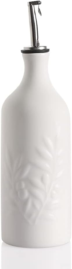 Sweejar Ceramic Olive Oil Dispenser Bottle, 20 Oz Relief Opaque Oil Cruet Protects Oil To Reduce Oxidation, Suitable for Storage Oil, Vinegar, Soy Sauce, Coffee Syrup, Liquids, Pack of 1 (White)-Ruum Studio Home
