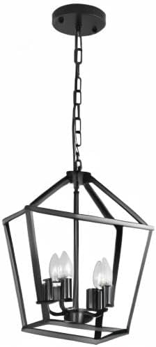 4-Light Lantern Pendant Light,Modern Industrial Black Cage Farmhouse Chandelier for Kitchen Island,12'' Rustic Metal Hanging Lighting Fixture for Dining Room Bedroom Foyer Entry Porch-Ruum Studio Home