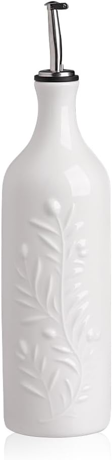 Sweejar Large Olive Oil Dispenser Bottle with Spout, 24 Oz Ceramic Oil Dispenser for Kitchen, Relief Opaque Oil Cruet, Oil Container for Cooking, EVOO, Avocado Oil, Vinegar, Pack of 1 (White)-Ruum Studio Home