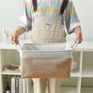 Fabric Storage Baskets - Rectangular Baskets for Organizing Fabric, Shelves & Decorative Use (White & Khaki)-Ruum Studio Home