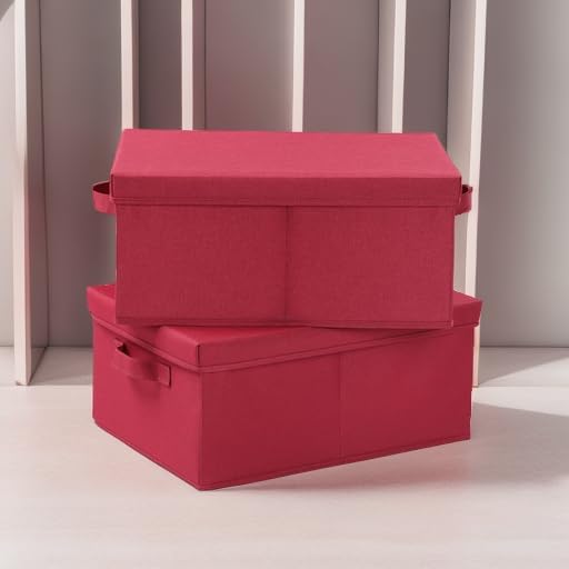 HOONEX Storage Bins with Lids for Organizing, Pack of 2, Storage Boxes with 2 Carrying Handles and Sturdy Heavy Cardboard, 16.5" L x 11.8" W x 7.5" H for Shoes, Books, Clothes, Red-Ruum Studio Home