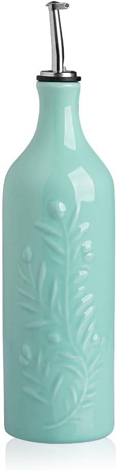 Sweejar Large Olive Oil Dispenser Bottle with Spout, 24 Oz Ceramic Oil Dispenser for Kitchen, Relief Opaque Oil Cruet, Oil Container for Cooking, EVOO, Avocado Oil, Vinegar, Pack of 1(Turquoise)-Ruum Studio Home