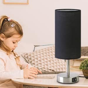 Bedside Lamp with USB Port - Touch Control Table Lamp for Bedroom Wood 3 Way Dimmable Nightstand Lamp with Round Black Shade for Living Room, Dorm, Home Office (LED Bulb Included) (Blacl2)-Ruum Studio Home