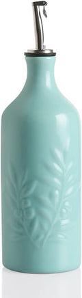 Sweejar Ceramic Olive Oil Dispenser Bottle, 20 Oz Relief Design EVOO Oil and Vinegar Dispensing Bottle with Spout for Kitchen, Set of 1 (Turquoise)-Ruum Studio Home