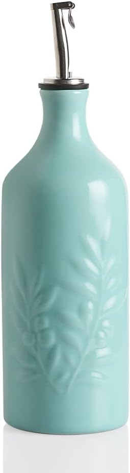 Sweejar Ceramic Olive Oil Dispenser Bottle, 20 Oz Relief Design EVOO Oil and Vinegar Dispensing Bottle with Spout for Kitchen, Set of 1 (Turquoise)-Ruum Studio Home