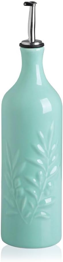 Sweejar Ceramic Olive Oil Dispenser Bottle, 24 Oz Relief Design EVOO Oil and Vinegar Dispensing Bottle with Spout for Kitchen, Set of 1 (Turquoise)-Ruum Studio Home