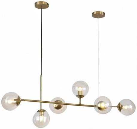 KCO Lighting Globe Linear Chandelier 6 Light Amber Glass Pendant Light Fixture Gold Kitchen Island Lighting Long Brass Sputnik Chandelier Dining Room Light Fixtures Over Table-Ruum Studio Home