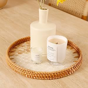 Round Rattan Tray with Mother of Pearl Inlay & Wooden Base - Decorative Wicker Serving Tray for Coffee/Bread/Fruits, Food Storage & Display - Multipurpose Home Decor (M,Fish Scales)-Ruum Studio Home