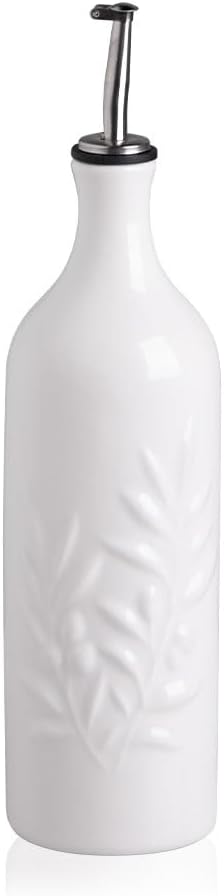Sweejar Large Ceramic Olive Oil Dispenser Bottle, 24 Oz Relief Opaque Oil Cruet Protects Oil To Reduce Oxidation, Storage Oil, Vinegar, Soy Sauce, Coffee Syrup, Liquids, Set of 1 (White)-Ruum Studio Home