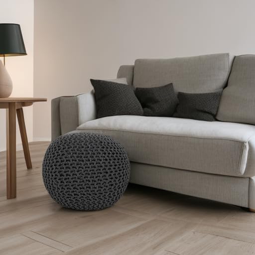 REDEARTH Round Pouf Foot Stool Ottoman - Cotton Hand Knitted Dori Pouffe - Cord Boho Home Décor - Stuffed Cable Poof for Living Room - Bedroom (19.5"x19.5"x14") - Dark Gray-Ruum Studio Home