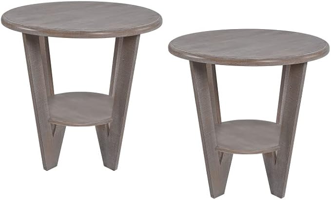 Rustic Farmhouse End Table with Storage Shelf, French Country Accent Side for Family, Dinning or Living Room, Small Spaces, Modern, Round, Vintage Blue Finish, Curved Leg-Ruum Studio Home