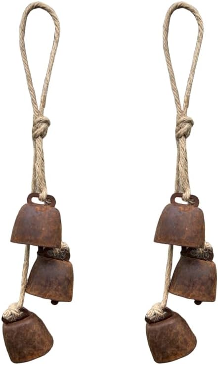 2pc Rustic Charm Bell - Handmade Hemp Rope Wind Chimes Hanging Decoration, Distressed Finish Cow Bell with Jute Hanging Rope, Perfect for Front Door, Outdoor, Window, and Home Decor,-Ruum Studio Home