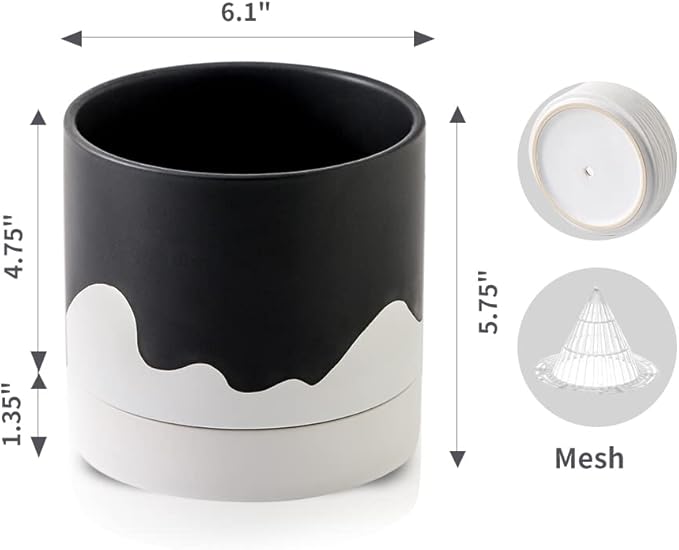Nihow Ceramic Plant Pot: 6 Inch Planter with Drainage Hole & Saucer for Indoor & Outdoor Plants - Cylinder Round Flower Pot for Succulent/Herbs/Violets - Black & Wave White-Ruum Studio Home