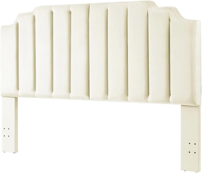 24KF Cream Velvet Tufted King Upholstered Headboard, Modern Vertical Channel Design California King Headboard with Stepped Silhouette Top Edge,Cream-Ruum Studio Home