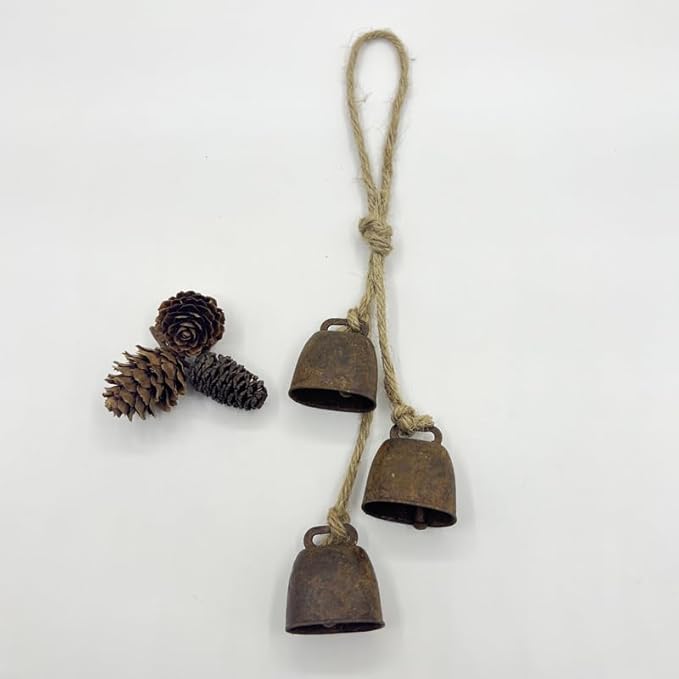 2pc Rustic Charm Bell - Handmade Hemp Rope Wind Chimes Hanging Decoration, Distressed Finish Cow Bell with Jute Hanging Rope, Perfect for Front Door, Outdoor, Window, and Home Decor,-Ruum Studio Home