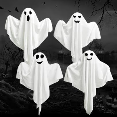 4 Pack Halloween Hanging Ghosts with LED Lights, 27.5 Inch Light Up Ghost Decorations for Indoor Outdoor, Lawn Yard Tree Hanging Halloween Ornaments, Spooky Lighted Party Supplies-Ruum Studio Home