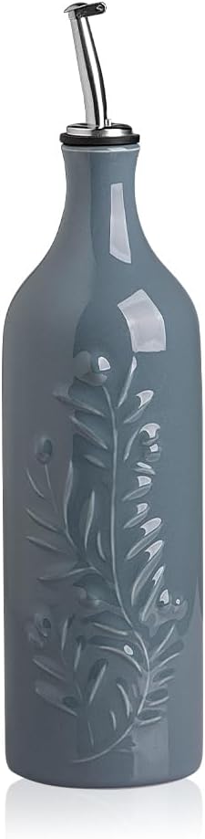 Sweejar Large Olive Oil Dispenser Bottle with Spout, 24 Oz Ceramic Oil Dispenser for Kitchen, Relief Opaque Oil Cruet, Oil Container for Cooking, EVOO, Avocado Oil, Vinegar, Pack of 1(Fog Blue)-Ruum Studio Home