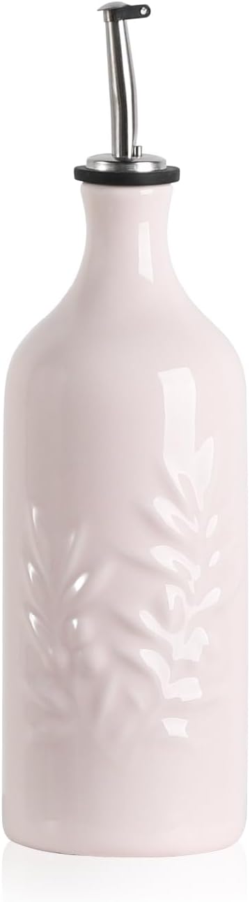 Sweejar Ceramic Olive Oil Dispenser Bottle, 20 Oz Relief Opaque Oil Cruet Protects To Reduce Oxidation, Suitable for Storage Vinegar, Soy Sauce,Liquids,Set of 1 (Rose Pink)-Ruum Studio Home