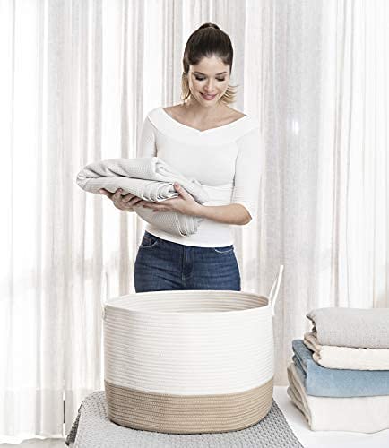 OrganiHaus Boho Woven Basket for Blankets and Laundry, Decorative Large Storage Bin for Living Room, Nursery Basket for Toys & Clothes, Soft Cotton Rope with Handles 20x13 inches - Off-White/Honey-Ruum Studio Home