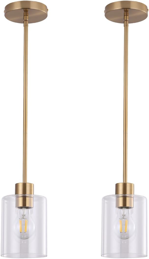 Brass Pendant Lights Kitchen Island,Modern Farmhouse Clear Glass Pendant Light,Gold Light Fixture Kitchen Pendant Mini Hanging Light Fixture for Sink (Brass 2 Pack stem Rod)-Ruum Studio Home