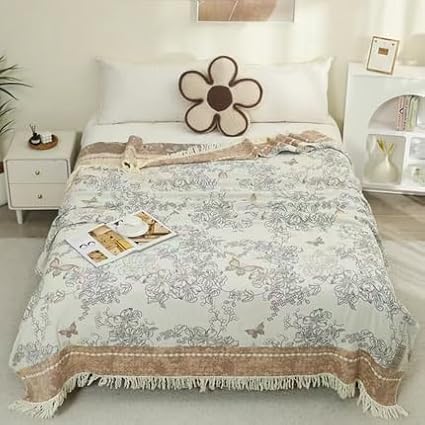 Boho Muslin Blanket for Adults 4-Layer Gauze Twin Size Soft Cozy 100% Cotton Summer Cooling Blanket Floral Decor for Sofa Bed Coverlet Both Sides (Tassels Floral Tan, 80 x 90 in)-Ruum Studio Home
