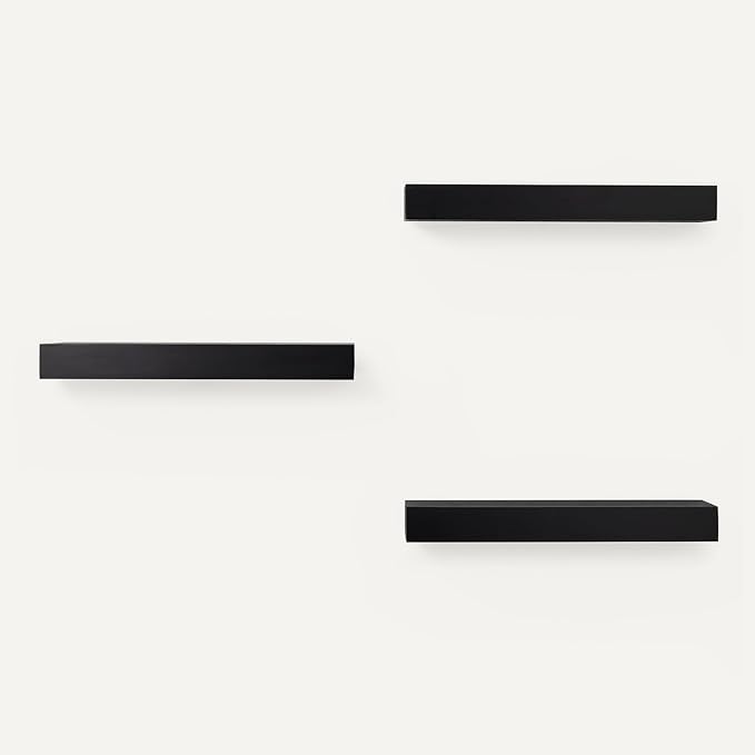 Amazon Basics Wood Floating Wall Shelves, Pack of 3, Black, 15.8" x 5" x 1.8"-Ruum Studio Home