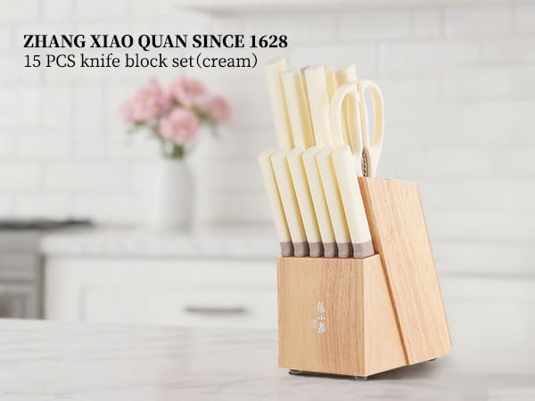 Zhang Xiao Quan Since 1628 15Piece Kitchen Knife Set,Knife Block Set with Ceramic-Coated Blade Ergonomic Handle(Cream)-Ruum Studio Home
