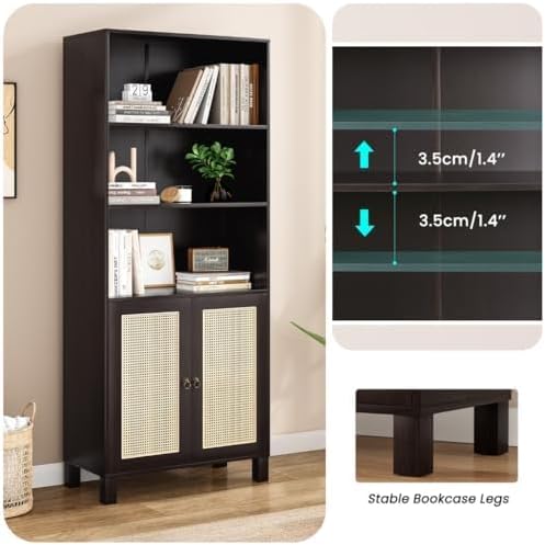 Tall Bookshelf, 5-Tier Book Shelf with 2 Rattan Doors, Freestanding Bookcase Display Shelves with Large Storage, Book Case for Living Room, Office, Study, Bedroom, 70.9 Inch-Ruum Studio Home