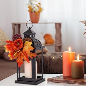 NEEDOMO Fall Decorations for Home, 15'' Fall Lantern Indoor Outdoor Thanksgiving Decor, Vintage Metal Hanging Candle Holders with Fall Teardrop Wreath and LED Candle for Patio, Porch, Table-Ruum Studio Home
